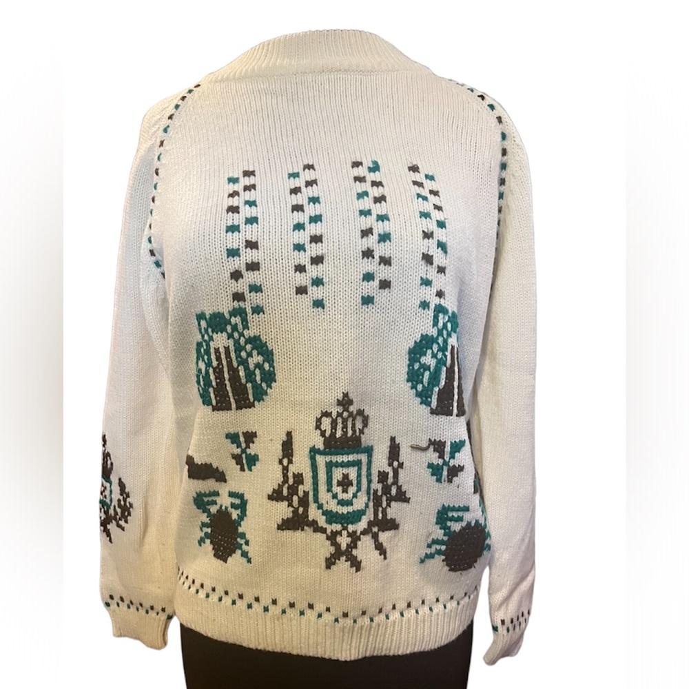 Vtg 60s Wayne Taylor Cross Stitched Acrylic Mock Neck Folk Art Sweater
